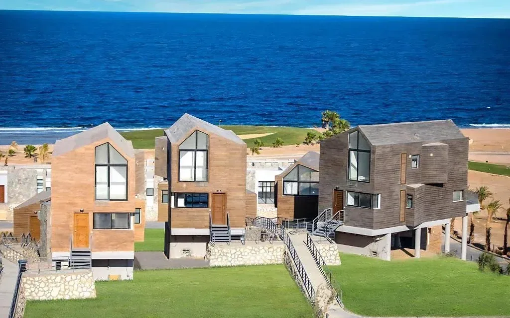 Wadi Soma — a terrace of gable-roofed villas clad in timber and stone, raised on columns above stone retaining walls, with railed external stairs and lawns running down to the beach and the Red Sea